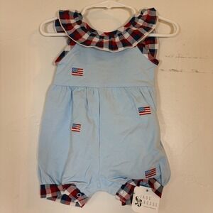 New Abby & Evie Girl 3M Romper Patriotic Embroidered July Flag America Fisherman